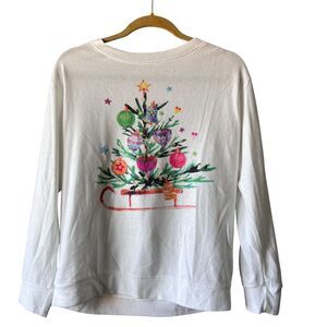 Phil Love Christmas Sweater  Womens Sz Medium White Tree Ornaments Sled Holiday